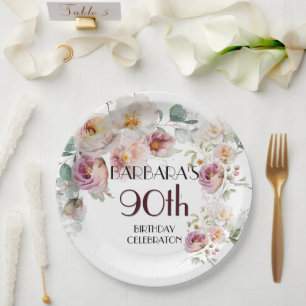 Prato De Papel Elegante festa de 90 anos com flores em aquarela