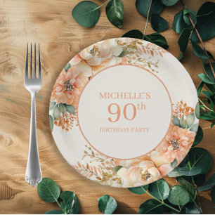 Prato De Papel Elegante Flor de Creme Pêssego Aniversário de 90 a