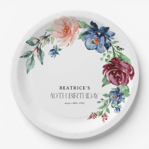 Prato De Papel Elegante Floral Aquarela para 40º Aniversário