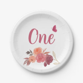 Prato De Papel Elegante Floral Aquarela Primeiro Aniversário