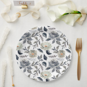 Prato De Papel Elegante Floral Botânico em Azul Cinza Aguarela Vi