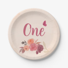 Prato De Papel Elegante Floral de Aquarela Rosa Aniversário de 1