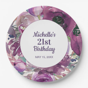 Prato De Papel Elegante Floral em Aquarela Roxa para Aniversário 
