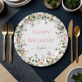 Prato De Papel Elegante Floral Happy Birthday - Partido Personali