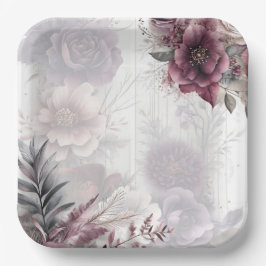 Prato De Papel Elegante floral roxo, rosa e grená 