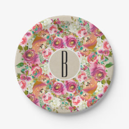 Prato De Papel Elegante Floral Rústico Chic Kraft Monograma Casam