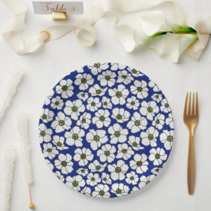 Prato De Papel Elegante Floral Tropical Azul e Branco