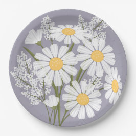 Prato De Papel Elegante Floral White Daisies na Lavanda