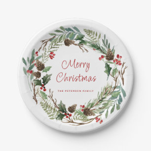 Prato De Papel Elegante Greenery Holly Berry Wreath   Script