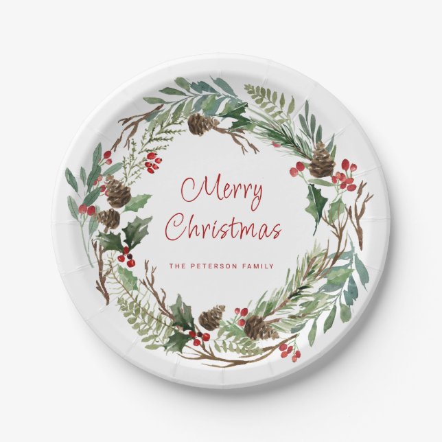 Prato De Papel Elegante Greenery Holly Berry Wreath | Script (Frente)