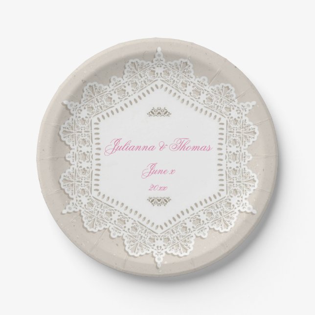 Prato De Papel Elegante, Lace Branco, Casamento, Personalizado (Frente)