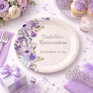 Prato De Papel Elegante Lilás Azul Floral Horizontal Quinceañera 