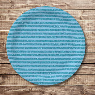 Prato De Papel Elegante Listras Horizontais Azul Oceano com Brilh