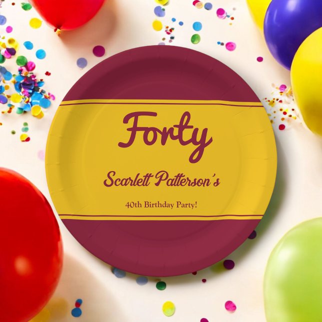 Prato De Papel Elegante Luxúria Borgonha E aniversário de 40 anos (Criador carregado)