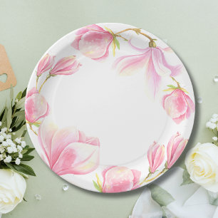 Prato De Papel Elegante Magnolia Rosa Chá de panela de Aquarela