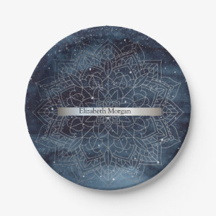 Prato De Papel Elegante Mandala Prateado Moderno com Faixa Azul-M