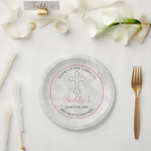Prato De Papel Elegante Marble Girls Rosa Primeira Comunhão Sagra