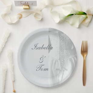 Prato De Papel Elegante Mesa de Casamento com Letra Script e Rend