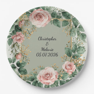 Prato De Papel Elegante Moldura Floral em Aquarela