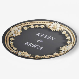 Prato De Papel Elegante Moldura Ornamentada Dourada com Detalhe F