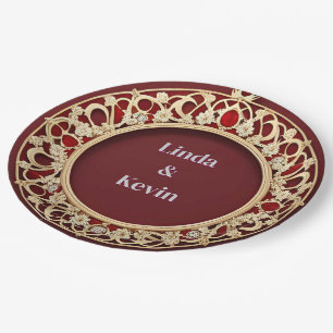 Prato De Papel Elegante Moldura Ornamentada Dourada com Detalhe F