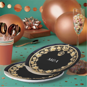 Prato De Papel Elegante Moldura Ornamentada Dourada com Detalhe F
