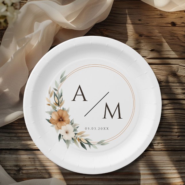 Prato De Papel Elegante Monograma Cobre Botânica Terrosa Casament (Elegant Monogram Copper Earthy Botanical Wedding Paper Plates)