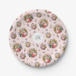 Prato De Papel Elegante Monograma de Nome com Padrão Floral Rosa 