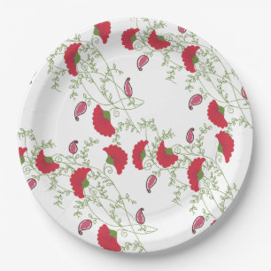 Prato De Papel Elegante Motivo de Bordado Floral Vermelho para Ca