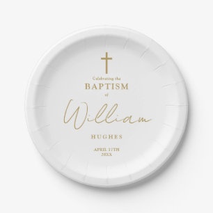 Prato De Papel Elegante Natal de Batismo Minimalista Dourado