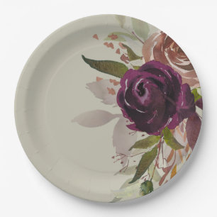 Prato De Papel Elegante Noiva Floral Verde Roxo Ameixa e Dourado