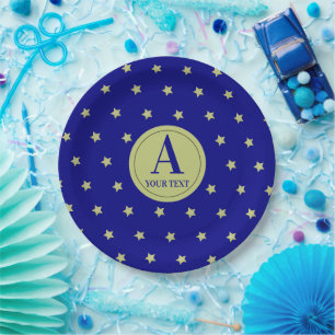 Prato De Papel Elegante Padrão de Estrela Monograma Dourado e Azu