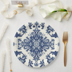 Prato De Papel Elegante Padrão de Flor de Damasco Vitoriano Azul