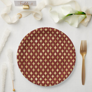 Prato De Papel Elegante padrão de harlequim de vinho e dourado do