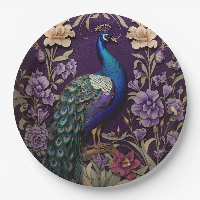 Prato De Papel Elegante Peacock Em Purple William Morris Inspirou (Frente)
