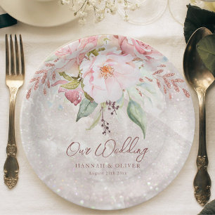 Prato De Papel Elegante Peônia Rosa Floral Mármore Casamento 