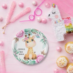 Prato De Papel Elegante Peony Rosa e uma Girafa Bonita Personaliz