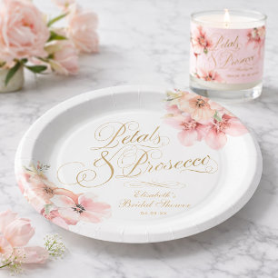 Prato De Papel Elegante Pétalas Florais Brancas e Rosa Dourado & 