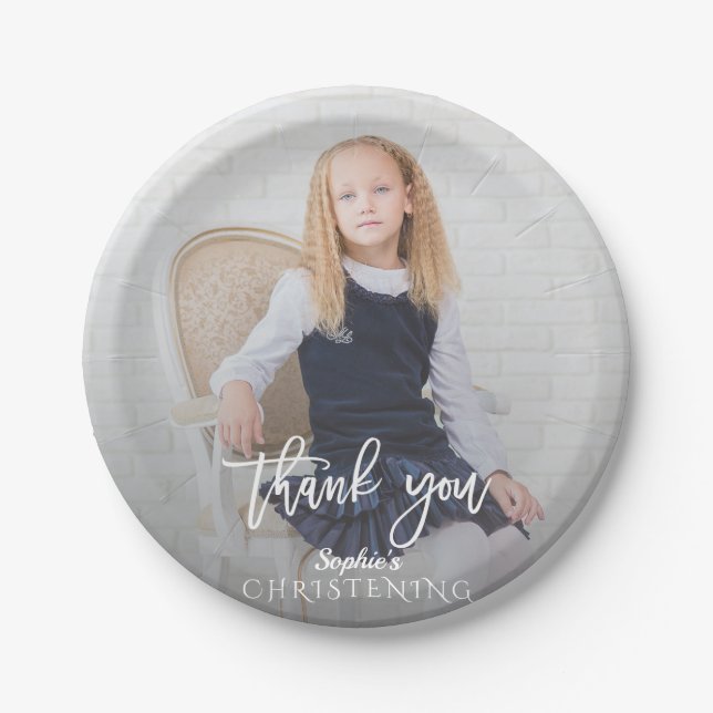 Prato De Papel Elegante Photo Girl Dourada Cross Christening (Frente)