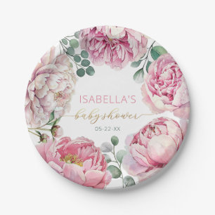 Prato De Papel Elegante Pink Peony e Greenery Girl Chá de fraldas