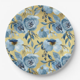 Prato De Papel Elegante Pó Floral Azul e Dourado Festa Redonda