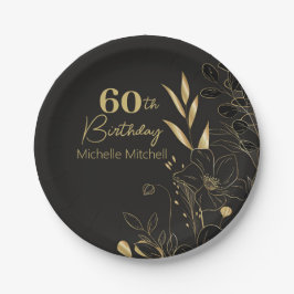 Prato De Papel Elegante Preto Dourado Personalizado 60º Aniversár