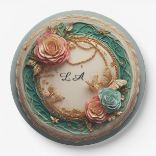 Prato De Papel Elegante Quadro Floral Verde Com Rosas Cor-de-Rosa
