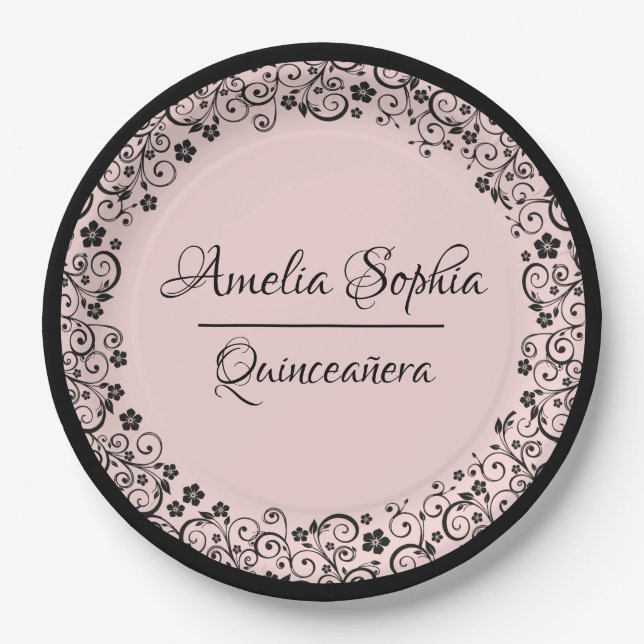 Prato De Papel Elegante Quinceañera Black Swirls em Blush PInk (Frente)