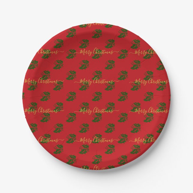 Prato De Papel Elegante Red Custom Christmas Holly (Frente)