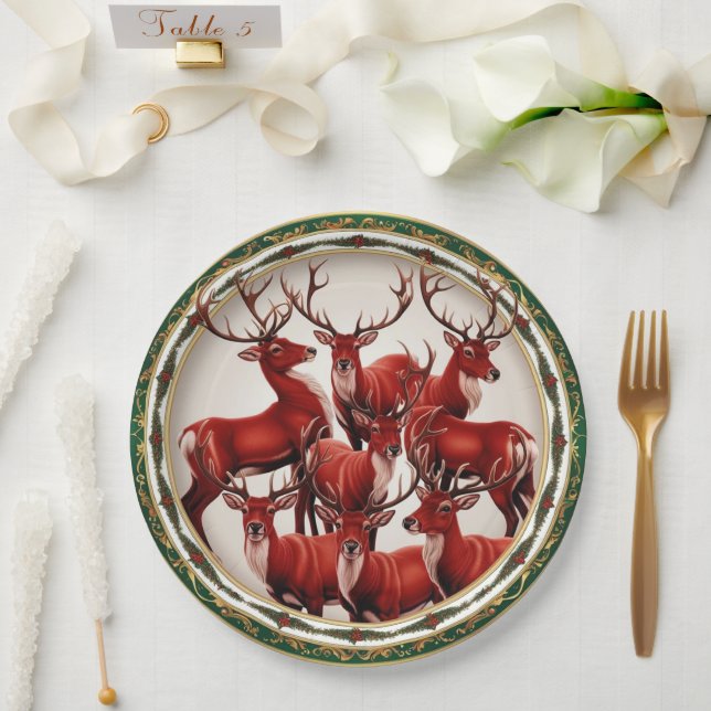 Prato De Papel Elegante Red Deer Moose Dourada Snow, festa Xmas (Casamento)