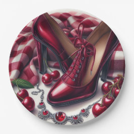 Prato De Papel Elegante Red High Heels com Cereja