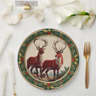 Prato De Papel Elegante Red Reindeer Moose Dourada Holly feliz Xm