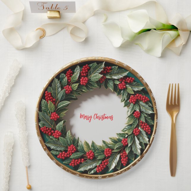 Prato De Papel Elegante Red Wreath Holly Berries Natal me Dourado (Casamento)
