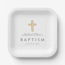 Prato De Papel Elegante religioso Dusty Blue Script Boy Baptism